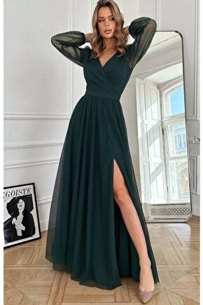 Kadın Uzun Kollu Kruvaze Yakalı Belden Kuşaklı Tüllü Uzun Ithal Krep Elbise