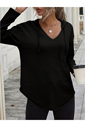 Kadın Uzun Kollu V Yakalı Kapşonlu Waffle Bluz