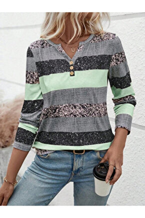MDB Kadın Uzun Kollu Yakadan Düğmeli çizgili Desenli Süprem Bluz