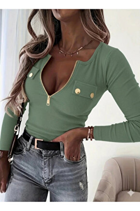 MDB Kadın Uzun Kollu önden Fermuar Ve Cepli Kaşkorse Bluz