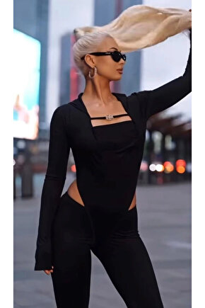 MDB Kadın Uzun Kollu Kare Yaka Toka Ve Bel Dekoltesi Detaylı Tulum Tulum