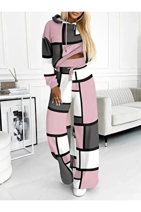 MDB Kadın Uzun Kollu Kapşonlu Bağcıklı Desenli Iki Iplik Bluz Ve Pantolon Ikili Takım