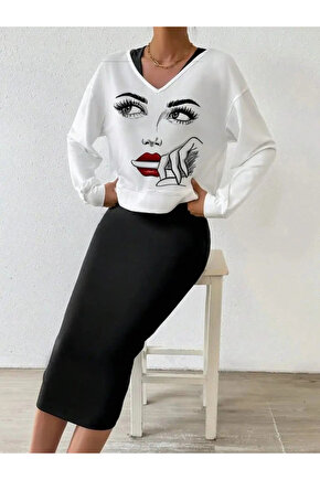 MDB Kadın Askılı Yuvarlak Yaka Viskon Iki Iplik Elbise Ve V Yakalı Bluz Ikili Takım