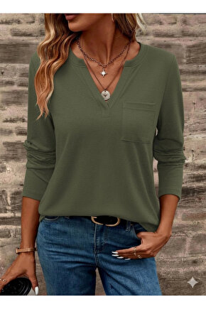 MDB Kadın Uzun Kollu Cepli V Yakalı Viskon Iki Iplik Bluz