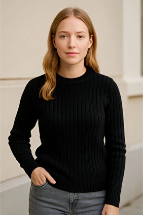 Bisiklet Yuvarlak Yaka Triko Kazak Pamuklu Kalın Fitilli Dokuma, Regular Fit Uzun Kollu Kışlık Model