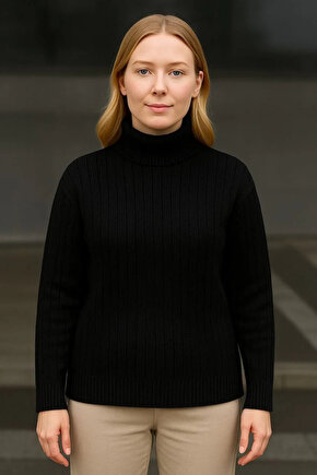 Kadın Balıkcı Yaka Bağazlı Triko Kazak Pamuklu Kalın Fitilli Dokuma - Siyah