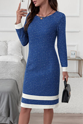 MDB Kadın Uzun Kollu Yuvarlak Yaka Etek Ucu şerit Detaylı Mini Dokuma Elbise