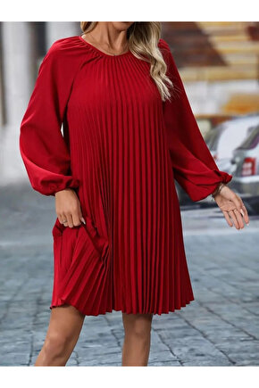 MDB Kadın Uzun Kollu Yuvarlak Yaka Pileli Salaş Mini Ithal Krep Elbise