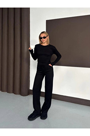 Kadın Bisiklet Yaka Parmak Geçme Detay Uzun Kollu Bluz Ve Pantolon Ikili Takım