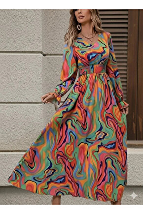 Kadın Uzun Kollu V Yakalı Desenli Maxi Süprem Elbise