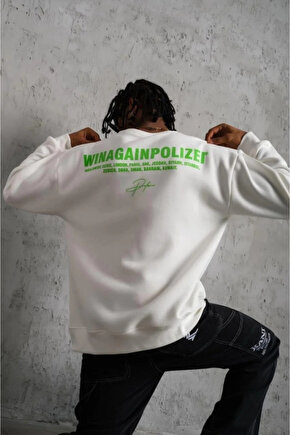 Erkek Oversize Sweatshirt – Beyaz Renk Ön Ve Sırt Baskılı, Üç İplik İçi Pamuklu Kumaş, Rahat Kalıp,