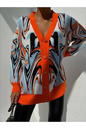 V Yaka Düğmeli Oversize Ebruli Desen Hırka