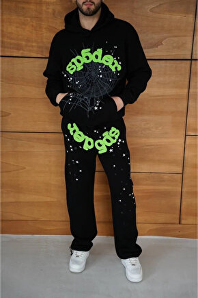 MDB Erkek Kapüşonlu Eşofman Takım Örümcek Ağı Ve Neon Yeşil Baskılı Kanguru Cepli Oversize Rahat Kal