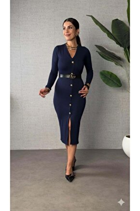 Kadın Uzun Kollu V Yakalı önden Düğmeli Yırtmaçlı Modal Midi Kemersiz Elbise