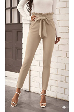 Kadın Yüksek Bel Beli Fırfırlı önden Bağlamalı Ithal Krep Pantolon