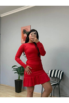 Kadın Bisiklet Yaka Uzun Kol Etek Ucu Fırfırlı Triko (polyenit) Mini Boy Elbise