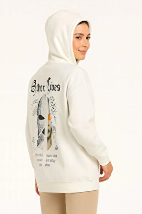Oversize Üç İplik Şardonlu Kapüşonlu Sweatshirt – Beyaz Other Lives Ön Ve Arka Baskılı