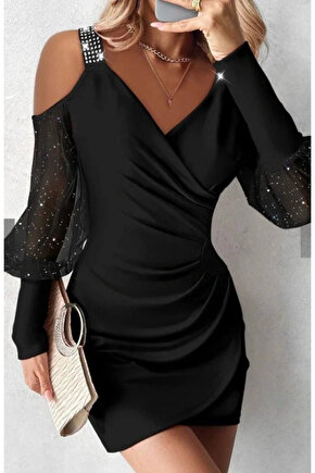 Kadın Kruvaze Yaka Omuz Ve Sırt Dekolteli Taş Detay Mini Elbise