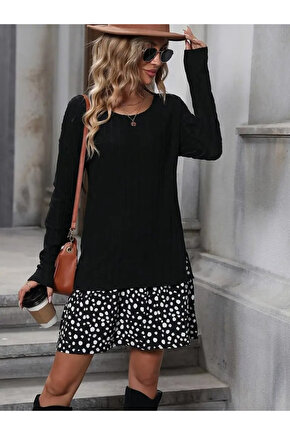 EQURİ Kadın Uzun Kollu Bisiklet Yaka şardonlu Kaşkorse Bluz Ve Süprem Etek Elbise