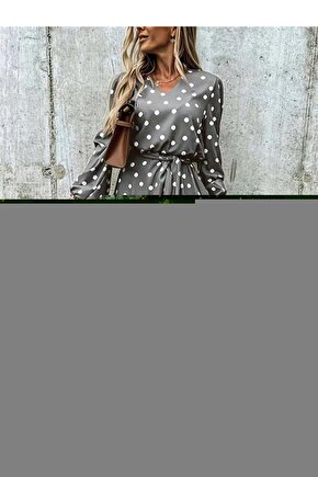 Kadın Uzun Kollu V Yakalı Belden Kuşaklı Puantiyeli Mini Modal Elbise