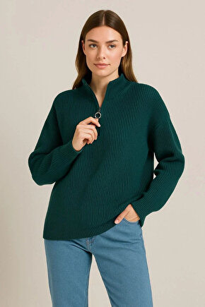 KADIN Yarım Fermuarlı Triko Kazak – Selanik Örgü, Dik Yaka, Pamuklu Dokuma, Oversize Uzun Kollu Kışl