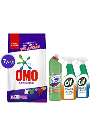 Toz Deterjan 7.5 kg Domestos Dağ Esintisi 750 ml Cif Power & Shine Banyo + Mutfak Sprey 750ml
