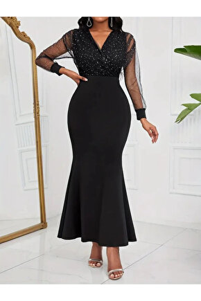 MDB Kadın Uzun Kollu Kruvaze Yakalı Taş Ve Tül Detaylı Uzun Ithal Krep Elbise