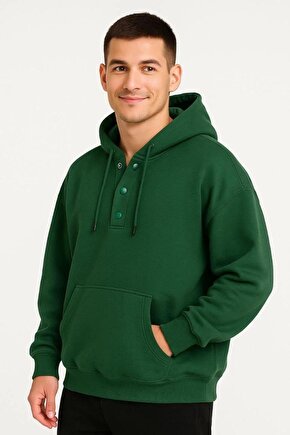 Erkek Ovarsize Kapüşonlu Swetshirt Kanguru Çepli Cıtcıtlı 3 iplik Şardonlu Hoodie - Haki