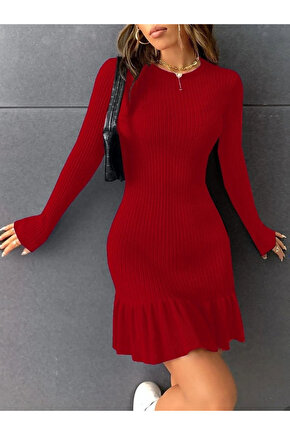 Kadın Bisiklet Yaka Uzun Kol Etek Ucu Fırfırlı Triko (polyenit) Mini Boy Elbise