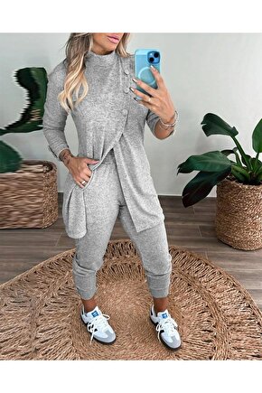 Kadın Uzun Kollu Balıkçı Yaka önden Düğmeli Bluz Ve Pantolon Yumoş Ikili Takım