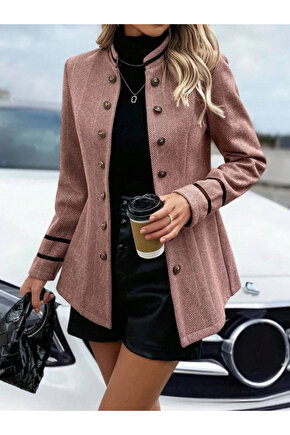 Kadın Uzun Kollu Hakim Yaka Düğme Detaylı Mini Dokuma Ceket