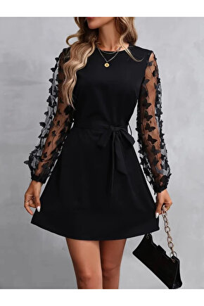 MDB Kadın Uzun Kollu Bisiklet Yaka Kollar Tül Kelebek Detaylı Ithal Krep Elbise