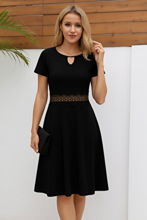 Kadın Kısa Kollu Yuvarlak Yaka Damla Detaylı Janjan Elbise