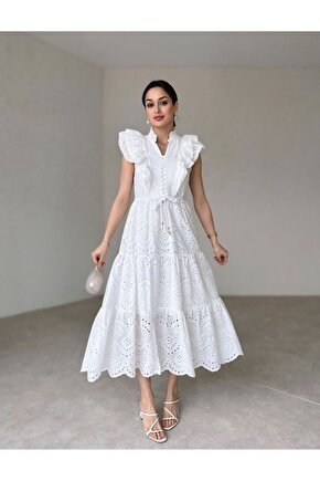 Gökyüzü Moda Beyaz Fırfırlı Düğmeli Elbise