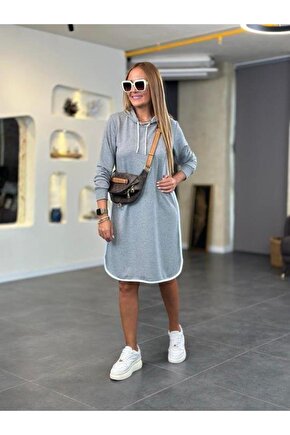 Kadın Uzun Kollu Kapüşon Ve Ribana Detay Diz üstü Elbise