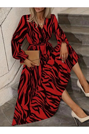 Kadın Uzun Kollu Kruvaze Yakalı Kuşaklı Zebra Desenli Süprem Maxi Elbise