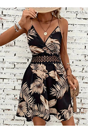 MDB Kadın Ip Askılı Kruvaze Yakalı Desenli Mini Süprem Mini Elbise