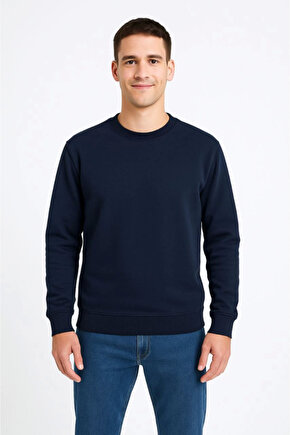 EQURİ Erkek Üç İplik Düz Bisiklet Yaka SweatShirt - Lacivert