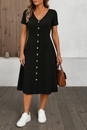 Kadın Kısa Kollu V Yakalı önden Düğmeli A Kesim Dokuma Elbise