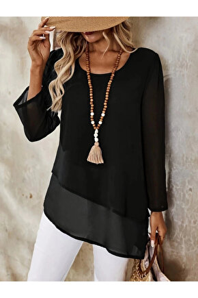MDB Kadın Uzun Kollu Yuvarlak Asimetrik Detaylı şifon Bluz