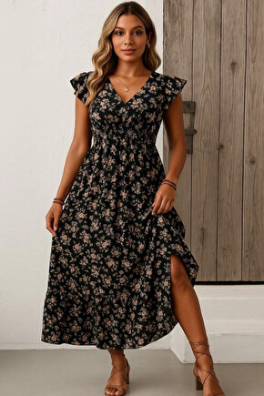 Kadın Kısa Kollu Kruvaze Yaka Beli Lastikli çiçek Desenli Elbise