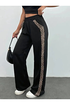 Kadın Yüksek Bel Bağcıklı Yanları Leopar Desenli Viskon Iki Iplik Pantolon