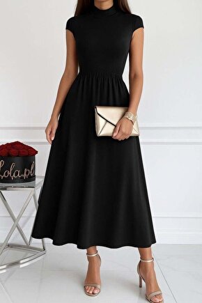 Kadın Kısa Kollu Yarı Balıkçı Yaka Viskon Elbise