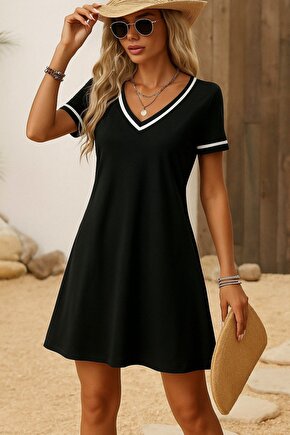 EQURİ Kadın Kısa Kollu V çizgili Yakalı Kısa Viskon Elbise