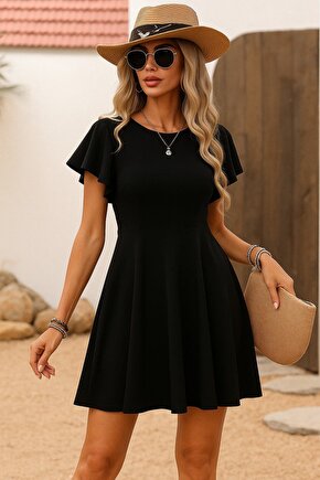 Edolika Kadın Kısa Kelebek Kollu Bisiklet Yaka Janjan Krep Elbise