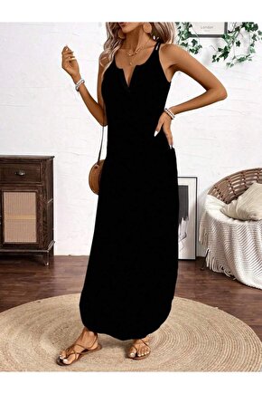 EQURİ Kadın Askılı Yuvarlak Yaka Asimetrik Detaylı Viskon Elbise