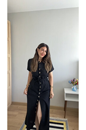 Kadın Kısa Kollu Yakalı önden Düğmeli Beli Kuşaklı Ithal Keten Elbise