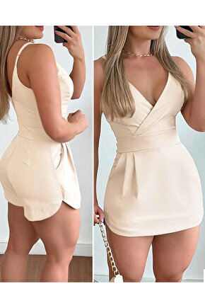 Kadın Ip Askılı Kruvaze Yakalı Cep Detaylı Ithal Krep Short Etek