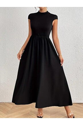 Kadın Kısa Kollu Yarı Balıkçı Yaka Viskon Elbise