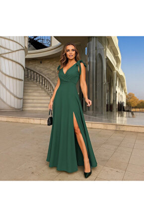 Kadın Askılı Omuzdan Bağlamalı Kruvaze Yakalı Uzun Yırtmaçlı Janjan Krep Elbise